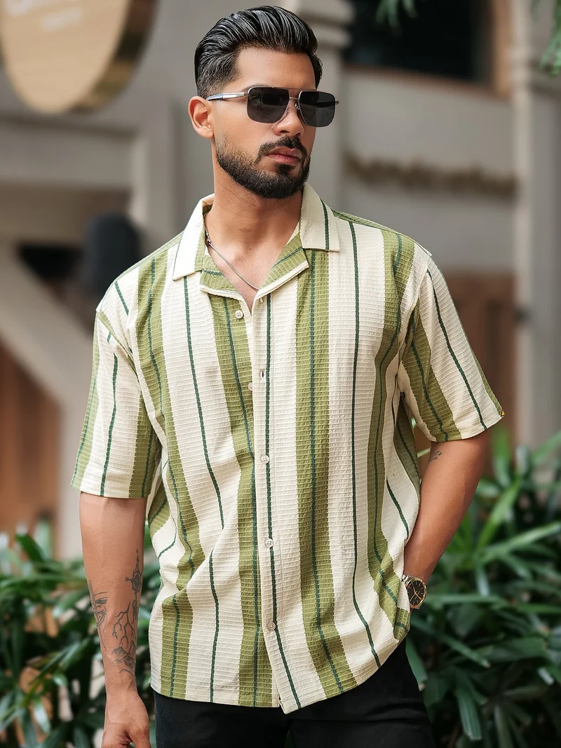مانياك Maniac Mens Miami Vertical Stripe Collared Neck Half Sleeve Cream and Green Shirt